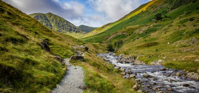 mountains, trail, stream, nature, river, rocks, pathway